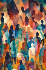 Vibrant abstract artwork featuring overlapping multicolored silhouettes of diverse people symbolizing unity, diversity and community in a dynamic and artistic composition