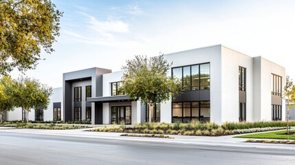 Fototapeta premium Modern building with large windows and greenery, perfect for showcasing contemporary architecture and urban design.