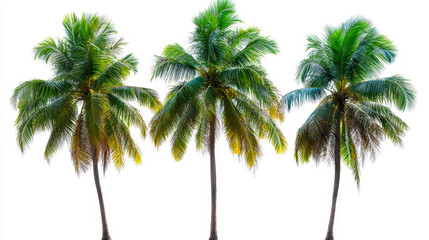 Obraz premium Three Coconut Palm Trees Isolated on White Background, Tropical Nature Theme, Exquisite Foliage, Summer Vibes, Beach Holiday Concept, Vibrant Green Leaves, Perfect for Travel and Landscaping Projects