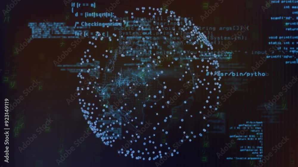 Poster globe of interconnected dots and programming code animation over dark background