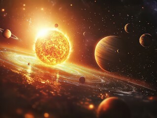Obraz premium vivid depiction of the solar system with the Sun at the center, surrounded by various planets