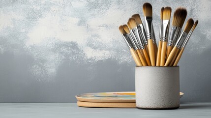 Obraz premium Rustic ceramic brush holder filled with brushes of different sizes, arranged next to an artist's palette and a half-painted landscape scene