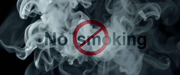 No smoking sign amidst swirling tobacco smoke on dark background, ultrawide