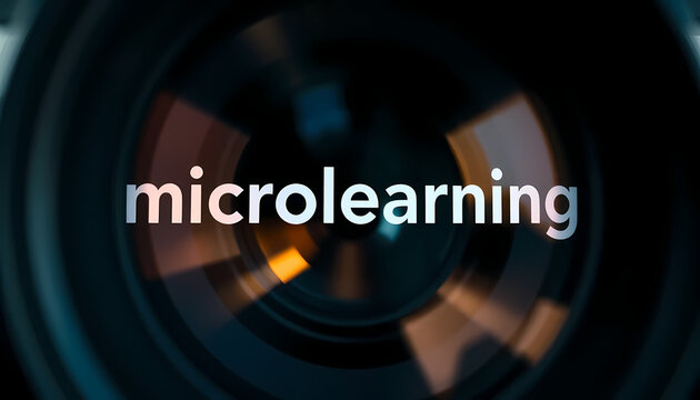close-up view of camera lens, term "microlearning" modern way of education in focus