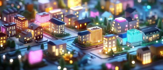Obraz premium Glowing City Nights: Vibrant Isometric View of Urban Nightlife District