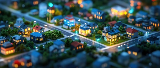 Obraz premium Illuminated Isometric Cityscape with Nighttime Security Surveillance