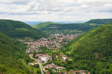 Fototapeta premium Lichtenstein Castle, Gothic Revival castle located in the Swabian Jura of southern Germany, overlooking the Echaz valley near Honau, Reutlingen in the state of Baden-Württemberg