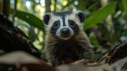 Close-up Portrait of a Curious, Black-and-White, Long-Snouted Animal in a Forest Setting