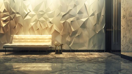 a cozy corner in your hotel lobby with a luxurious geometric wallpaper and plush bench, offering a relaxing retreat.