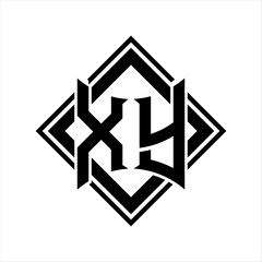 XY Letter logo with abstract shield shape with square black outline on white background design
