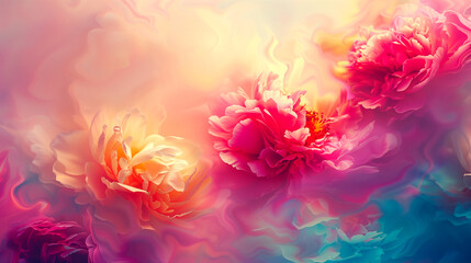 A colorful painting of flowers with a bright pink background. The flowers are arranged in a way that creates a sense of movement and energy. The overall mood of the painting is cheerful and uplifting