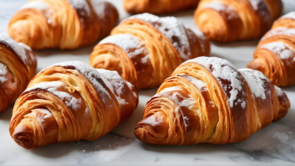 there are many croissants on a marble table with powdered sugar