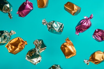 Colorful foil-wrapped candies scattered against a bright turquoise background. Generative AI