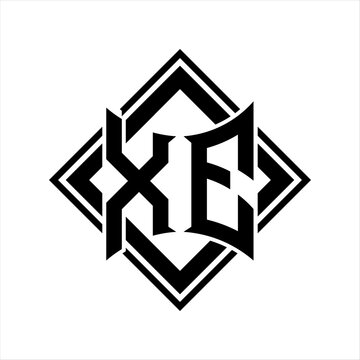 recommend clip art: XE Letter logo with abstract shield shape with square black outline on white background design