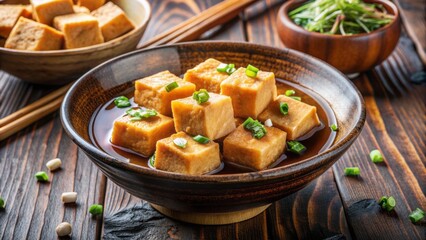 Crispy fried tofu cubes in a savory broth, garnished with green onions and grated daikon, served in a traditional Japanese ceramic bowl.