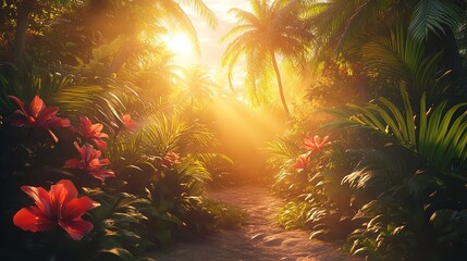 The warm glow of the setting sun filters through the dense foliage of a tropical jungle