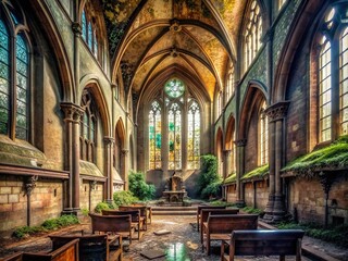 Obraz premium Forgotten Sanctuary: Decayed church, crumbling walls, stained glass, muted tones, sense of mystery