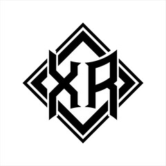 XR Letter logo with abstract shield shape with square black outline on white background design