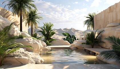 Fototapeta premium Luxury hotel garden with swimming pool and palm trees at sunset