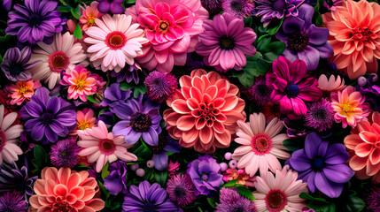 Floral background illustration with bright flowers and leaves. Colorful flowers as panoramic background.