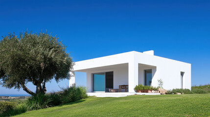 Modern Spanish house with large white plastic windows, viewed from outside, featuring clean lines and contemporary design, set against a lush green landscape under a clear Mediterranean blue sky.