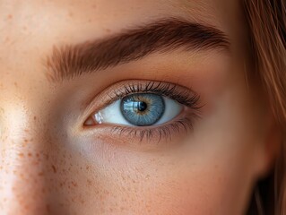 Fototapeta premium close-up of a woman's blue eye, highlighting her natural freckles and detailed facial features