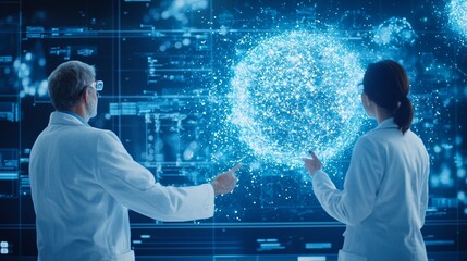 Scientists exploring digital data visualization of molecular structures in a high-tech research environment.