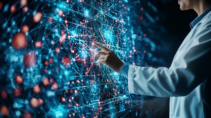 Scientist interacting with a digital interface, exploring data networks and technological advancements in a futuristic lab.