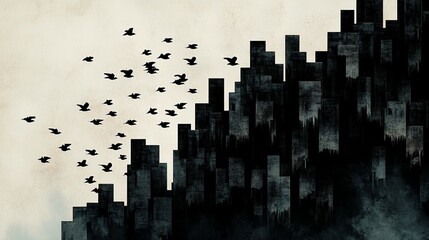 Silhouetted birds soar over urban structures, creating a dramatic contrast between nature and city life.