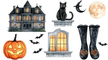 Obraz premium Spooky Halloween Still Life with Haunted Mansion, Black Cat, Jack-o'-lantern, Witches' Boots, and Full Moon on White Background