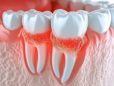 3D rendering of teeth affected by periodontal disease, showing gum inflammation and bone loss