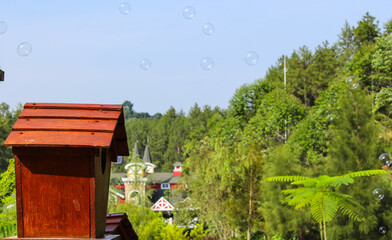 selective focus bird cage in the shape of a wooden house with a background of blue sky and trees...