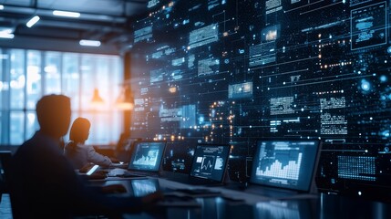 Silhouetted professionals analyze data on multiple screens in a high-tech control room with digital interfaces and glowing graphs.