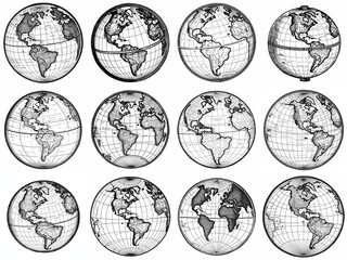 Obraz premium Detailed Black and White Illustrations of Globes Displaying Various World Views for Educational and Artistic Use