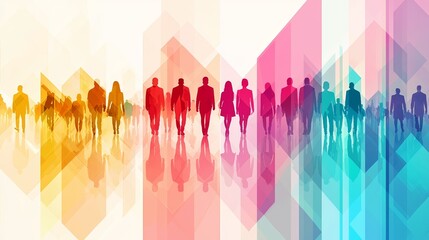 Silhouettes of diverse people standing in vibrant geometric patterns, symbolizing unity and diversity in modern society.