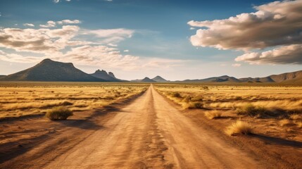 A long, winding road through a desert landscape, leading to the distant mountains. The sun shines brightly, casting long shadows on the ground.