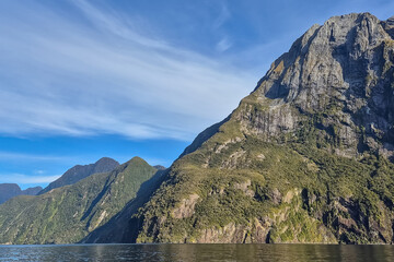 Seascape in Mifrord Sound Fiord, New Zealand, green costline and reflection in a wather, cloudy weather