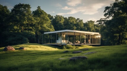 Fototapeta premium Glass House in a Lush Forest Setting