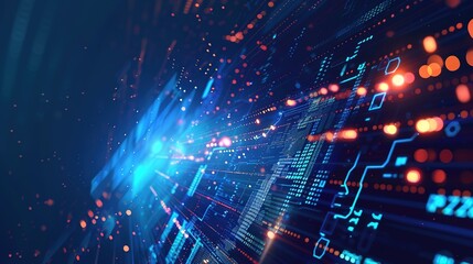 Obraz premium Abstract digital data flow with glowing lines and bokeh lights.