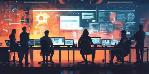 An innovative tech startup office with a team of engineers brainstorming and developing new software, surrounded by high-tech gadgets, robotics, and futuristic digital interfaces