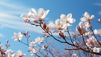 A blooming magnolia flower against a blue sky