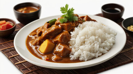 Japanese curry with rice and vegetables on a white plate, close-up