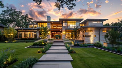 A large, beautiful, modern house covered with grass, with a beautiful surrounding atmosphere.