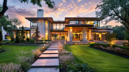 Obraz premium A large, beautiful, modern house covered with grass, with a beautiful surrounding atmosphere.