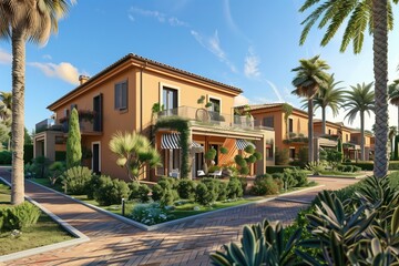 Fototapeta premium Exterior view of an expensive luxury Mediterranean villa with private swimming pool and terrace in modern design, Vacation home for big family.