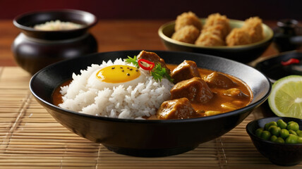 Pork curry with rice and egg in black bowl on wooden table