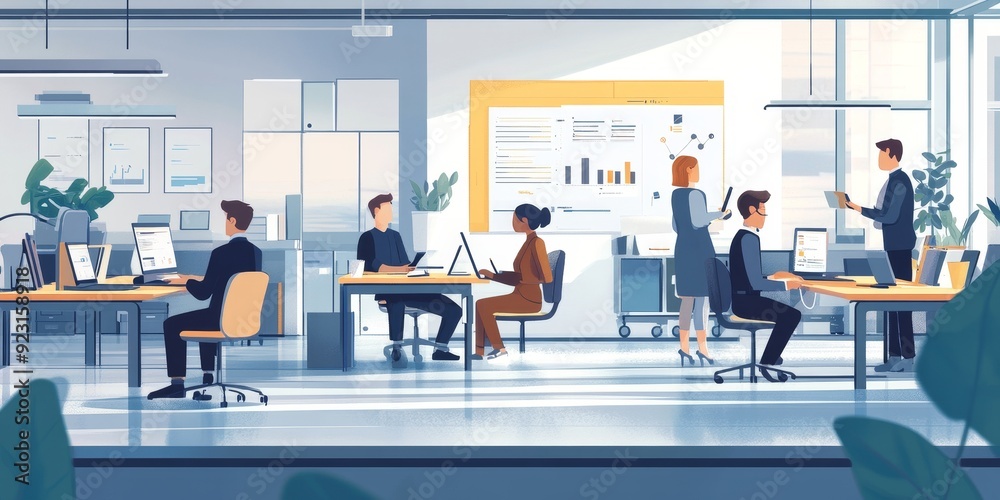 Poster innovative workspace featuring a team of professionals working on a cutting-edge technology project,