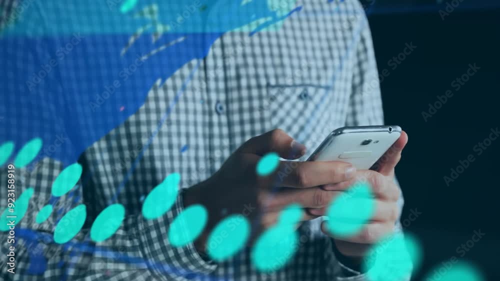 Poster using smartphone, person interacting with digital data animation over screen