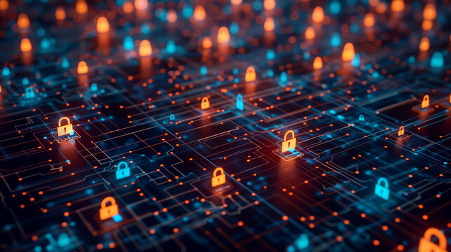 concept of financial data encryption with a visual of encrypted transaction codes, digital locks, and secure data streams