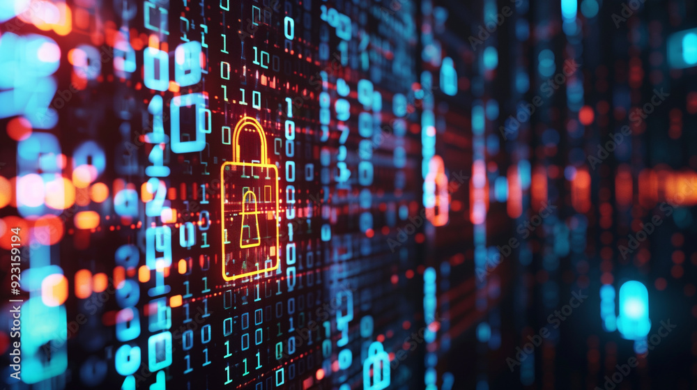 Poster concept of financial data encryption with a visual of encrypted transaction codes, digital locks, an